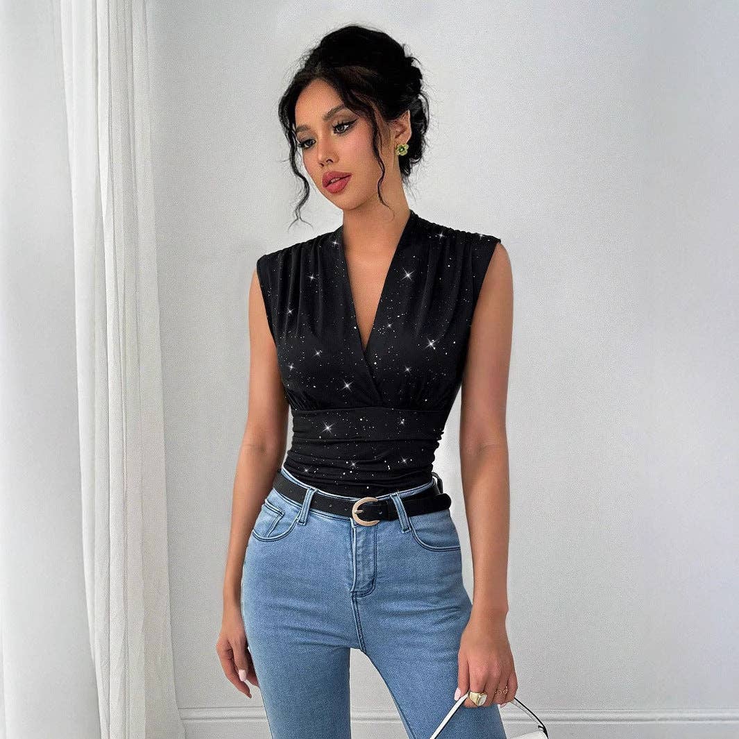 V-Neck Sequin Sleeveless Top for Women