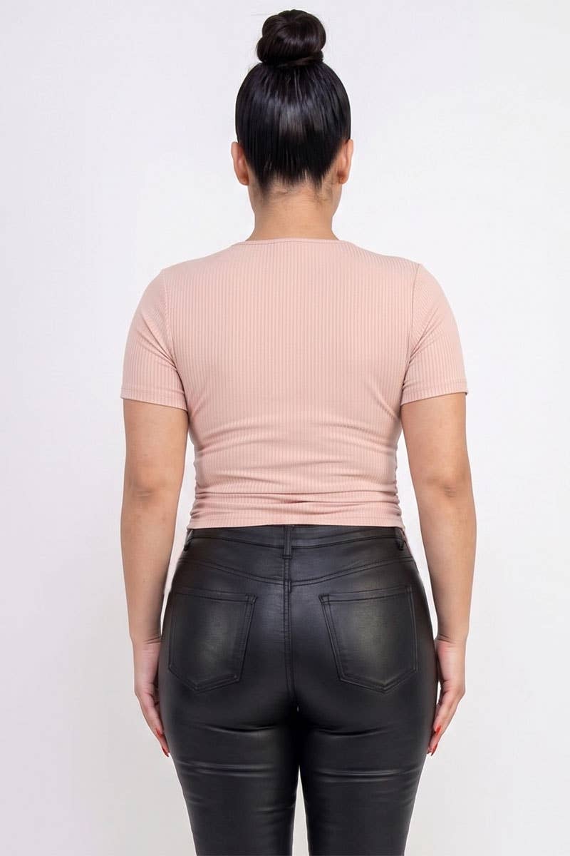 Plus Size Ribbed Ruched Drawstring Surplice Top