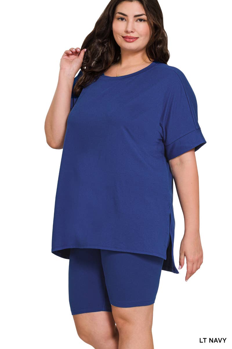 `Plus Microfiber Top & Biker Shorts 2pc Set - Zenana