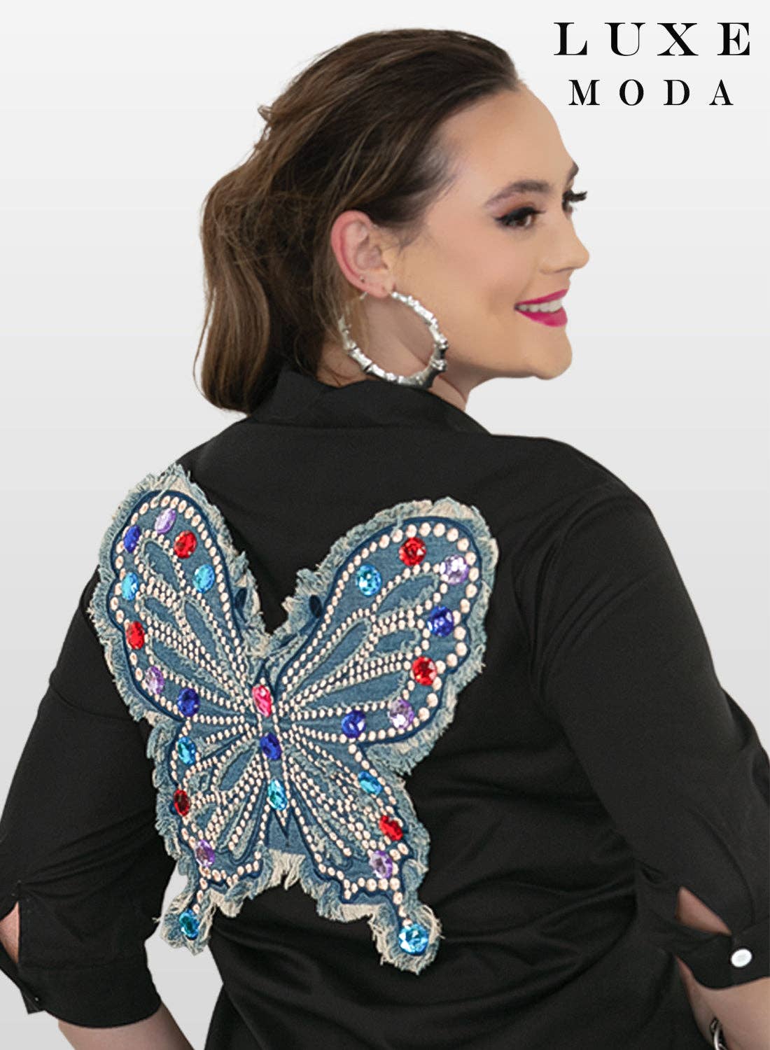 Jeweled Butterfly Statement Shirt Dress