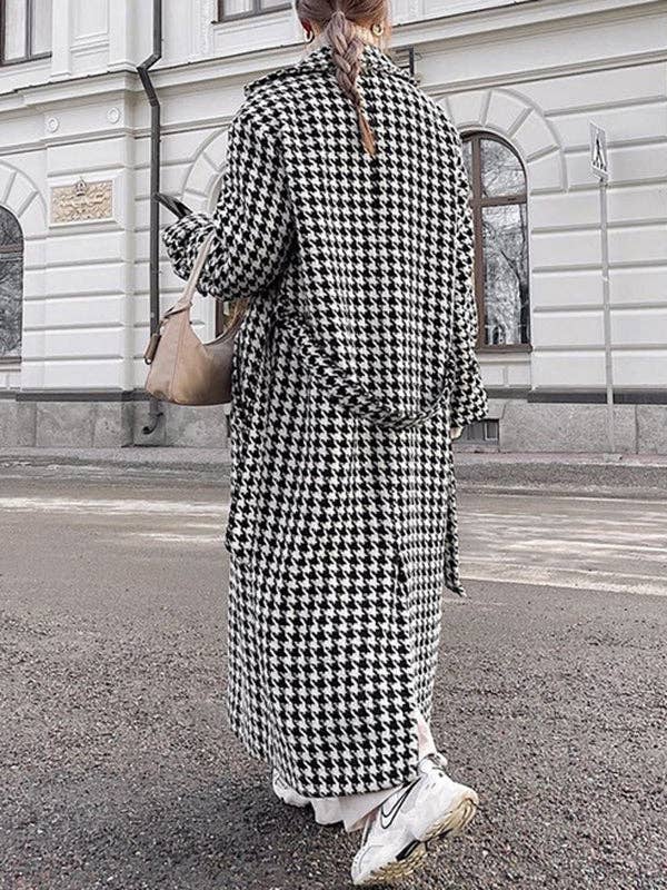 Houndstooth Tied Waist Lapel Trench Coats