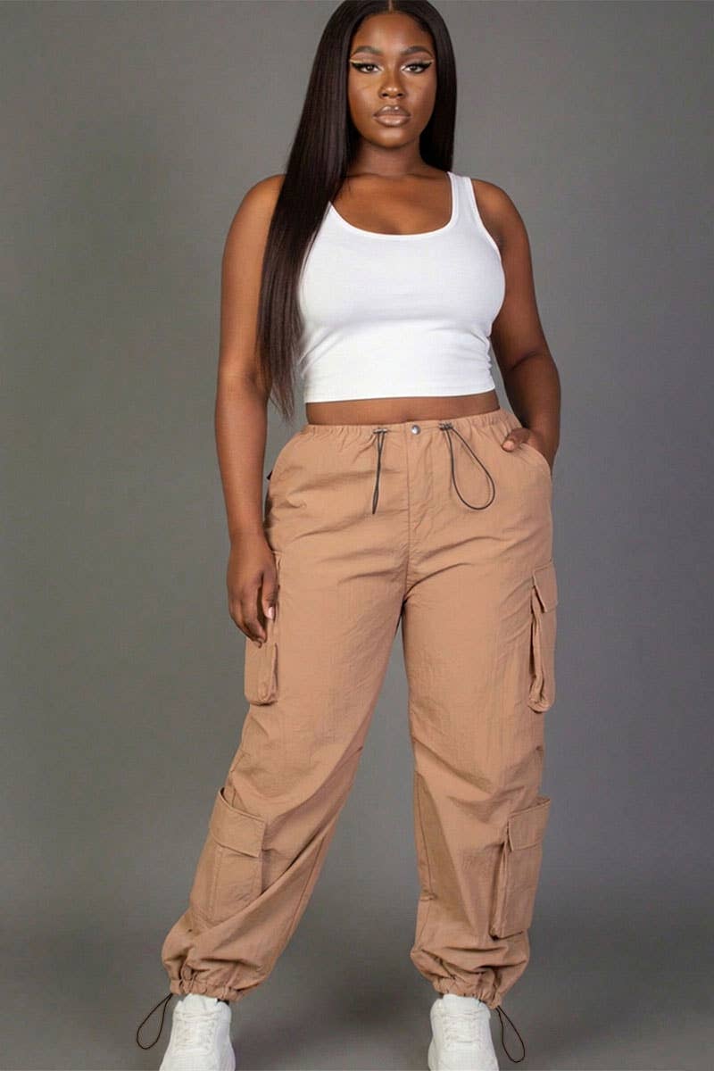 Plus Size Flap Pockets Drawstring Ruched Parachute Pants