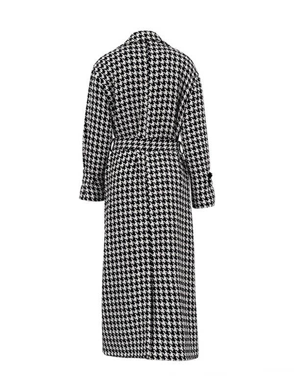 Houndstooth Tied Waist Lapel Trench Coats