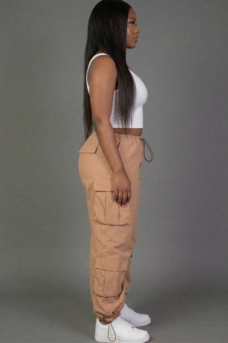Plus Size Flap Pockets Drawstring Ruched Parachute Pants