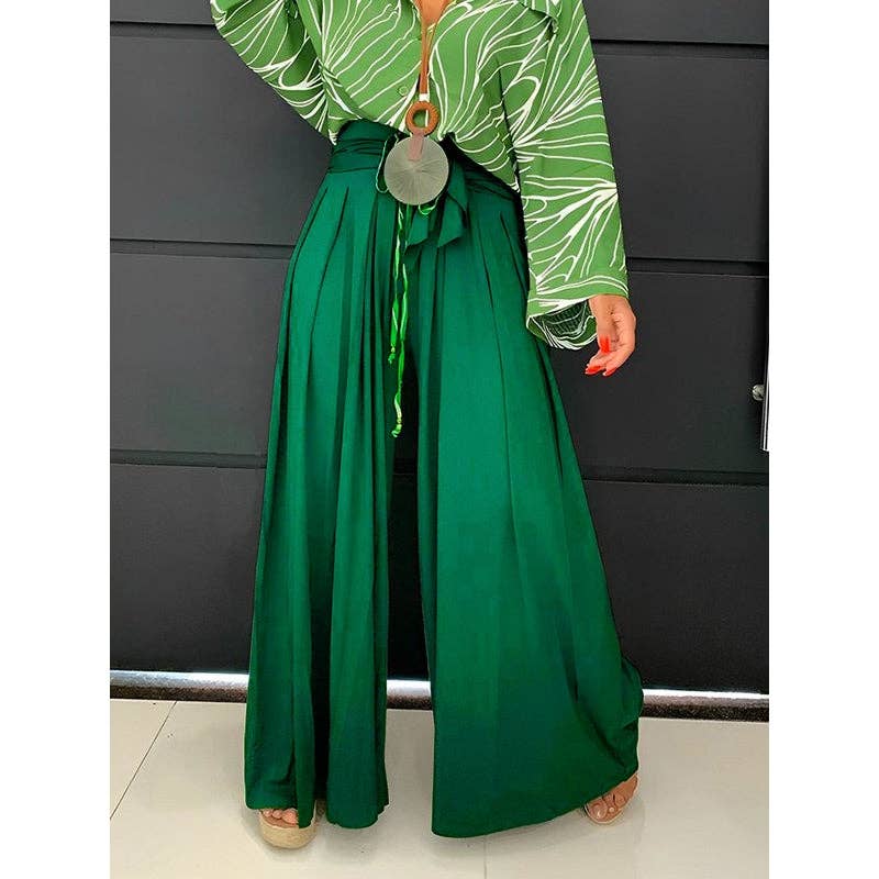 Loose Wide Leg Pleated Tied Waist Pants