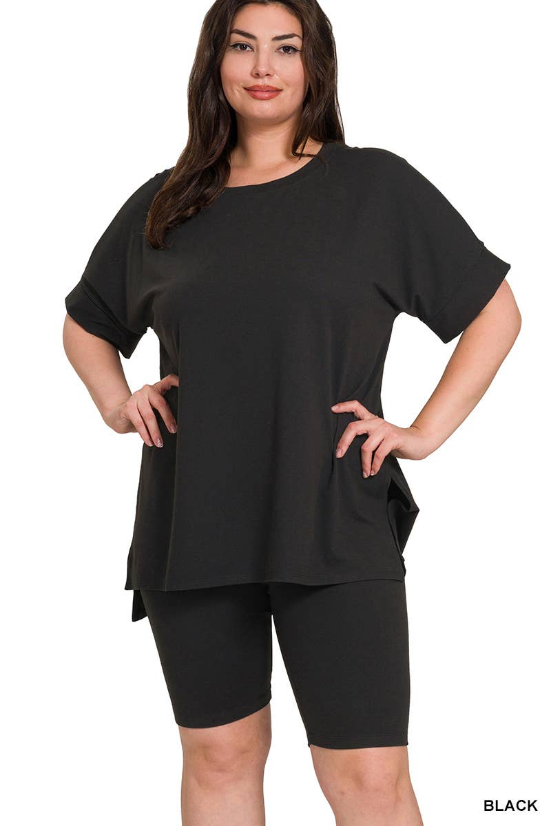 `Plus Microfiber Top & Biker Shorts 2pc Set - Zenana