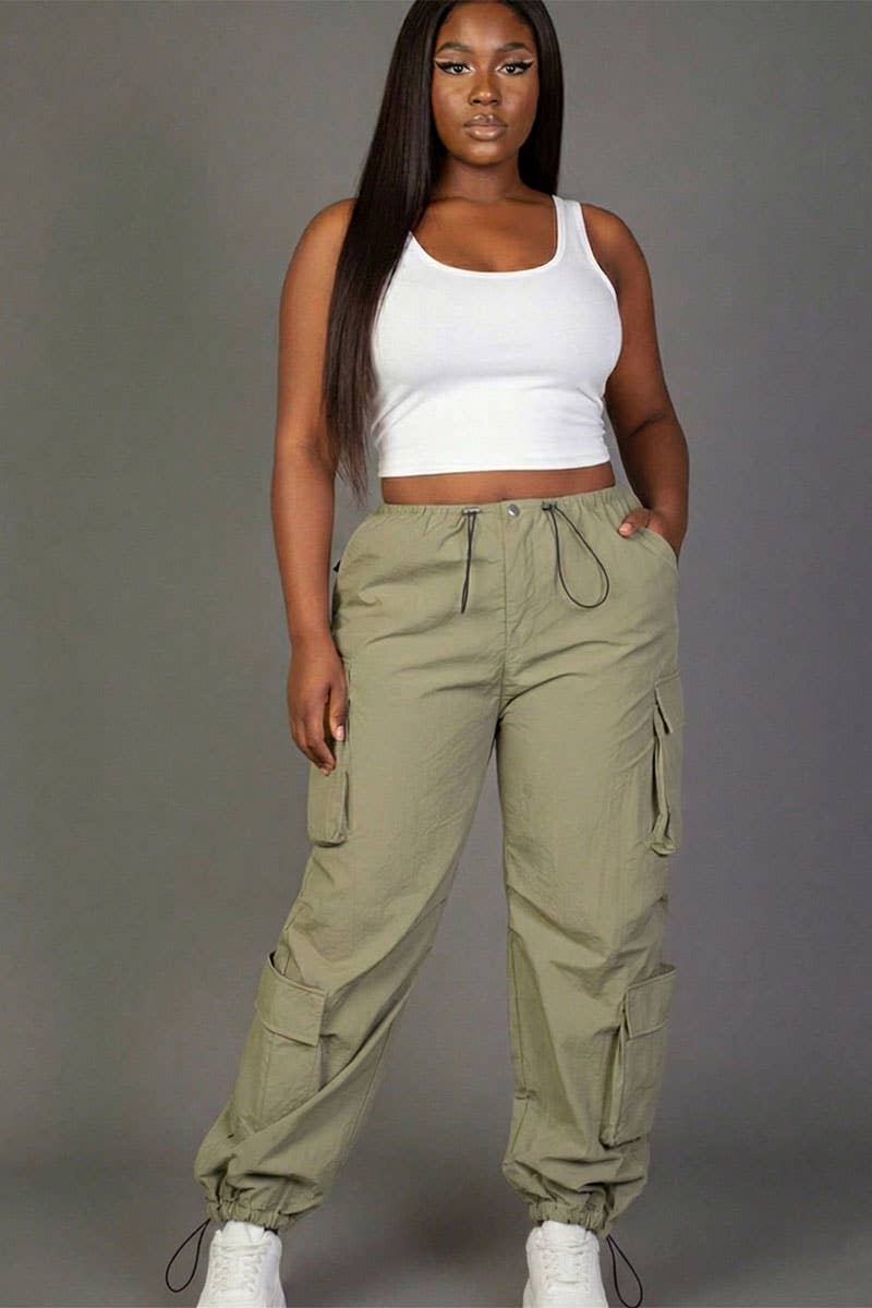 Plus Size Flap Pockets Drawstring Ruched Parachute Pants