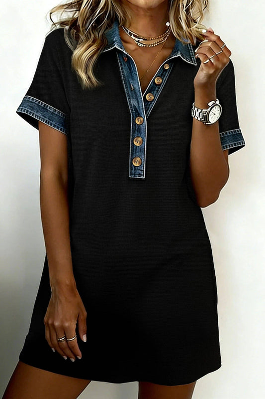 Black Waffle Knit Denim Trim Button Polo Tee Dress