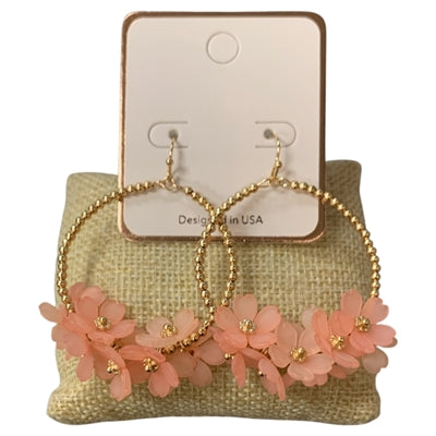 Pink Gold Beaded Flower Dangle Earrings