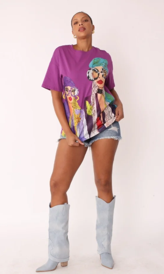 Street Style Fashion Graphic Tee – Purple Multi