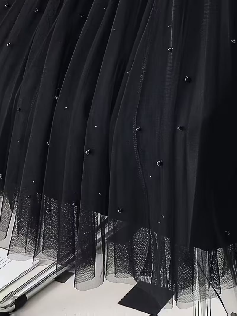 Tulle Midi Pleated Skirt with Pearls
