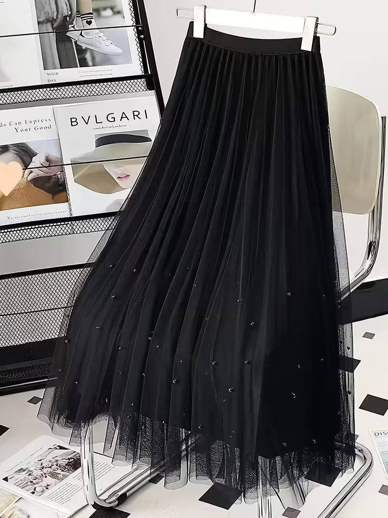Tulle Midi Pleated Skirt with Pearls