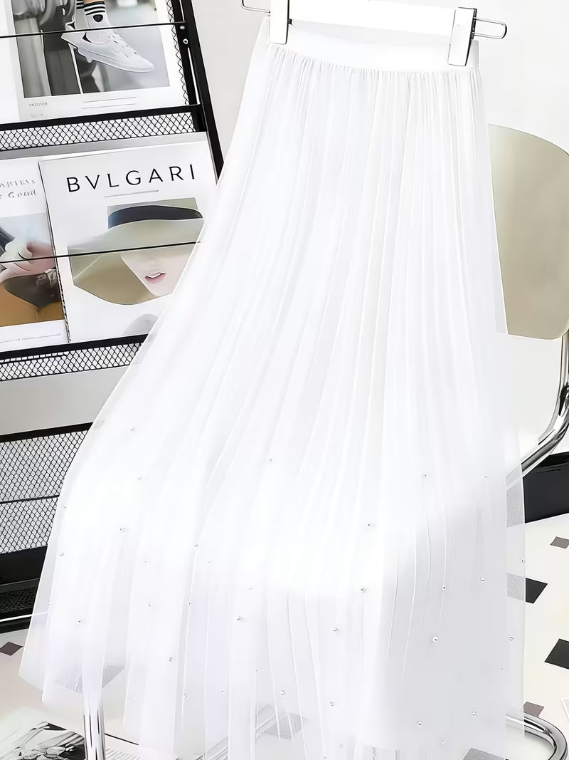 Tulle Midi Pleated Skirt with Pearls