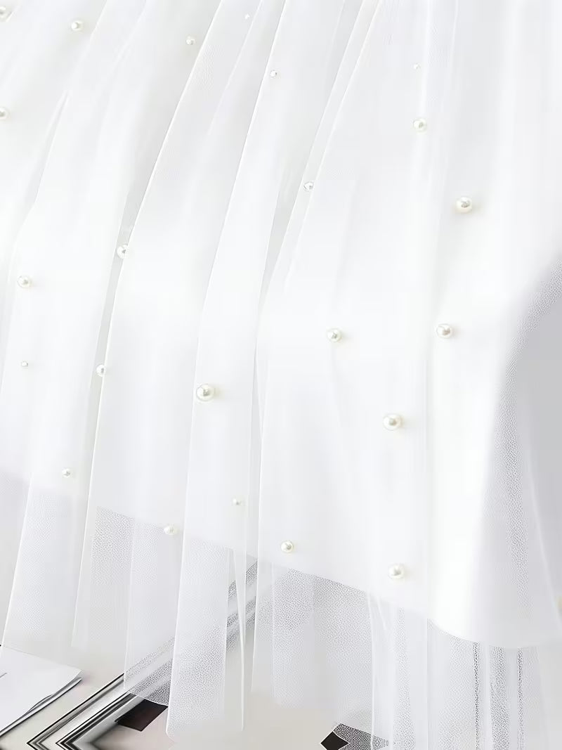Tulle Midi Pleated Skirt with Pearls