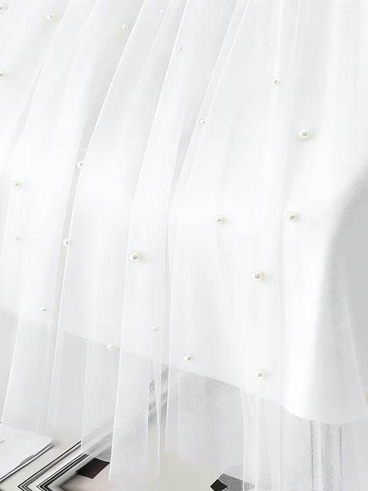 Tulle Midi Pleated Skirt with Pearls