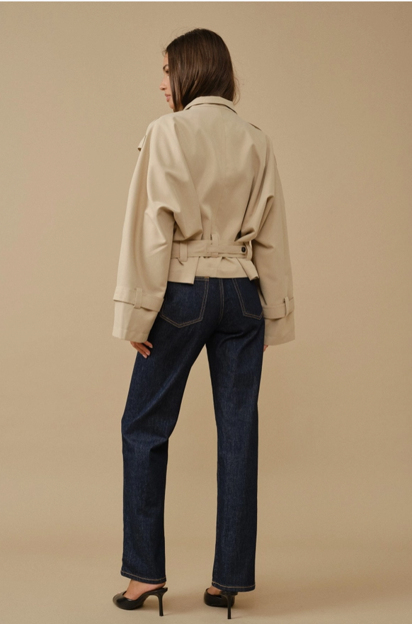 Minimalist Cropped Funnel-Neck Trench Jacket