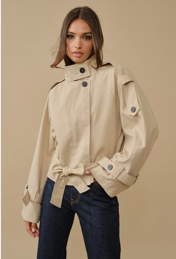 Minimalist Cropped Funnel-Neck Trench Jacket