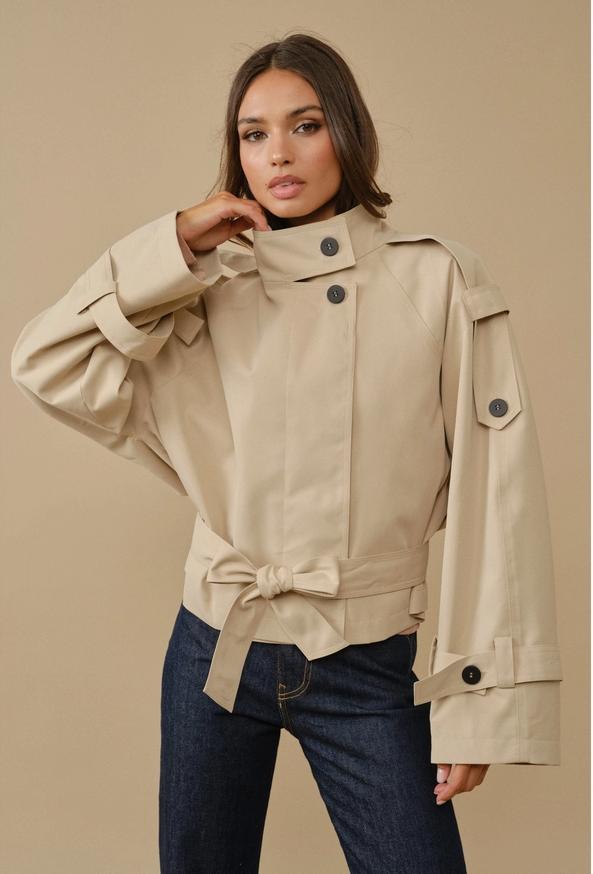 Minimalist Cropped Funnel-Neck Trench Jacket