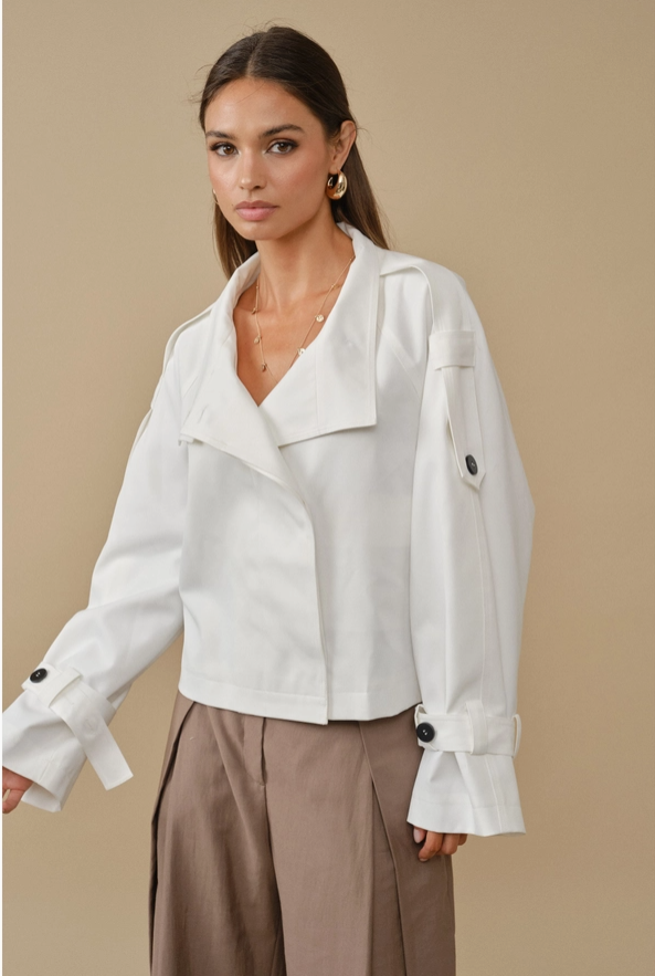 Minimalist Cropped Funnel-Neck Trench Jacket