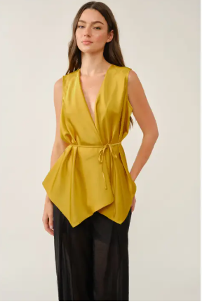 Draped Wrap Woven Satin Sleeveless Vest Top